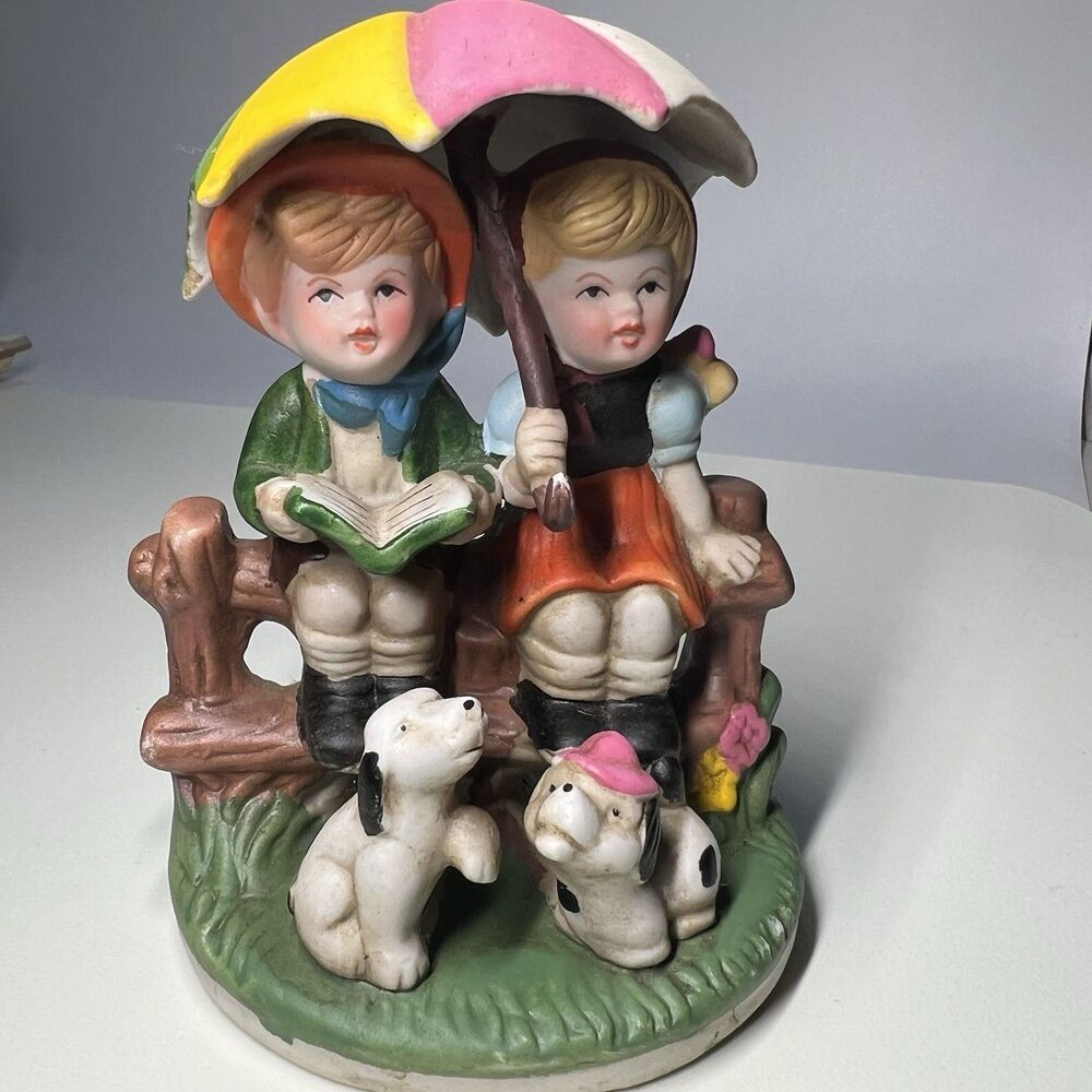 Vintage Hummel Style Porcelain Figurine Boy Girl Under Umbrella Fence Dogs China
